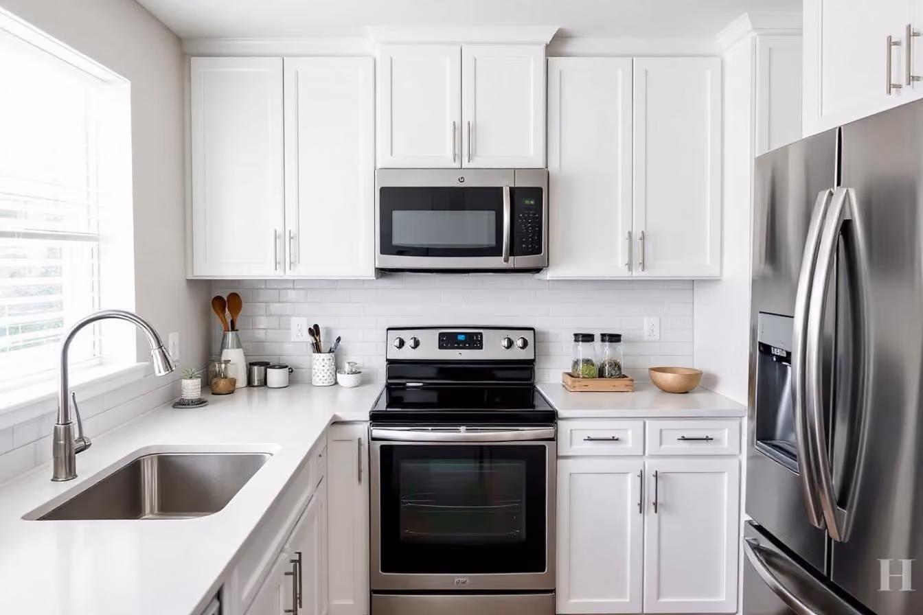 Cuisine blanche avec four, micro-ondes et réfrigérateur métallique