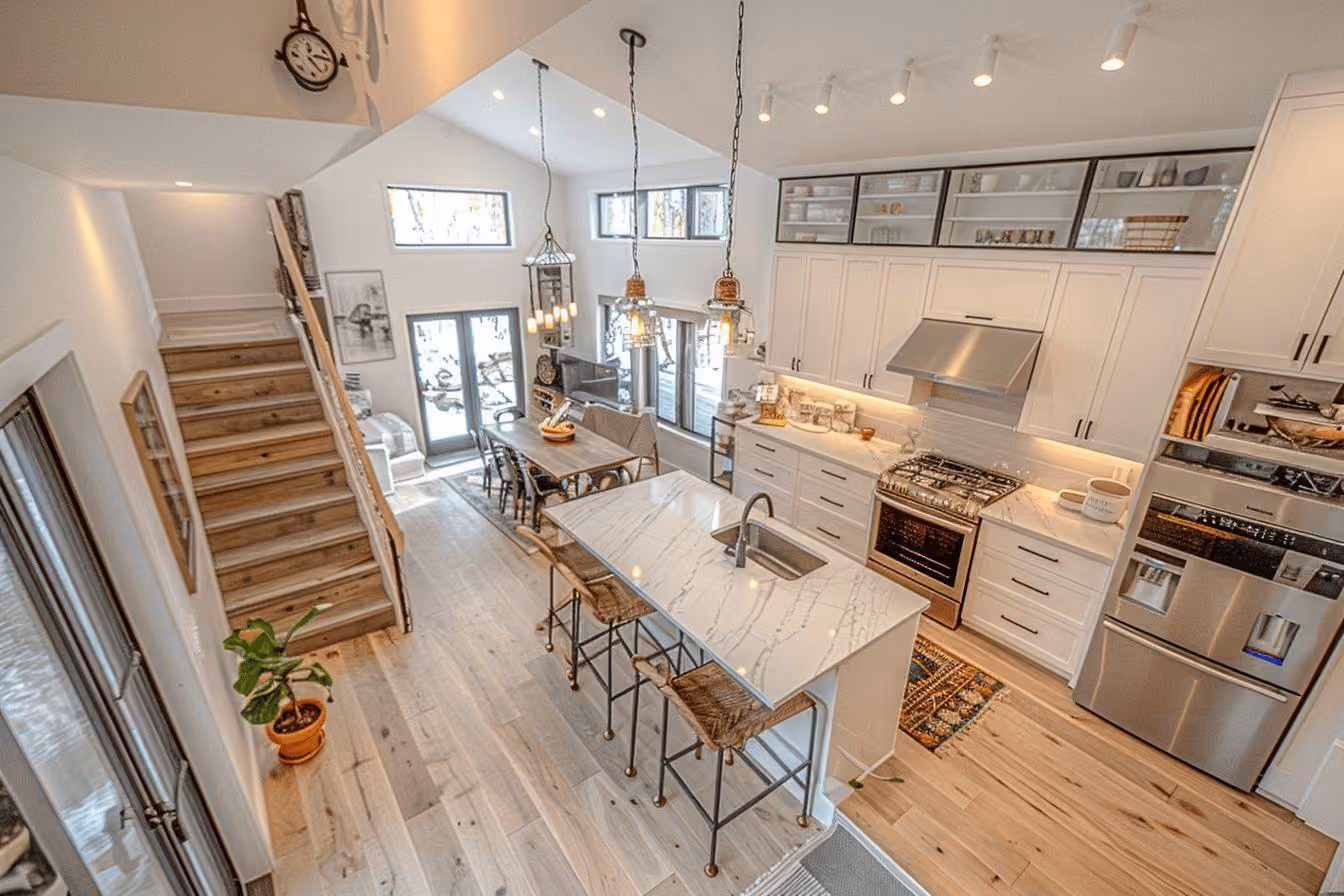 Cuisine claire avec îlot et tabourets dans une pièce sous mezzanine