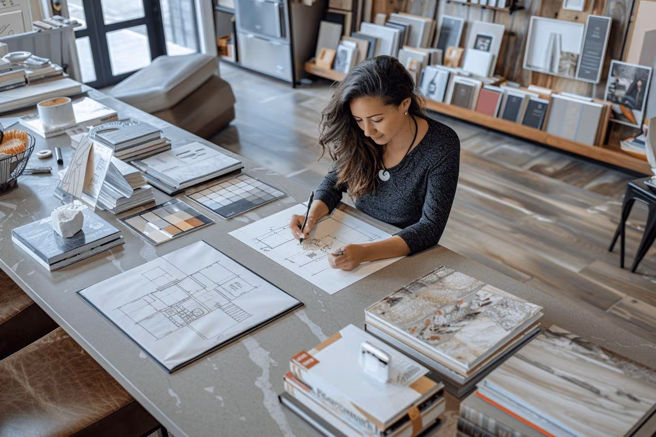 Personne dessinant un plan à une table entourée d’échantillons
