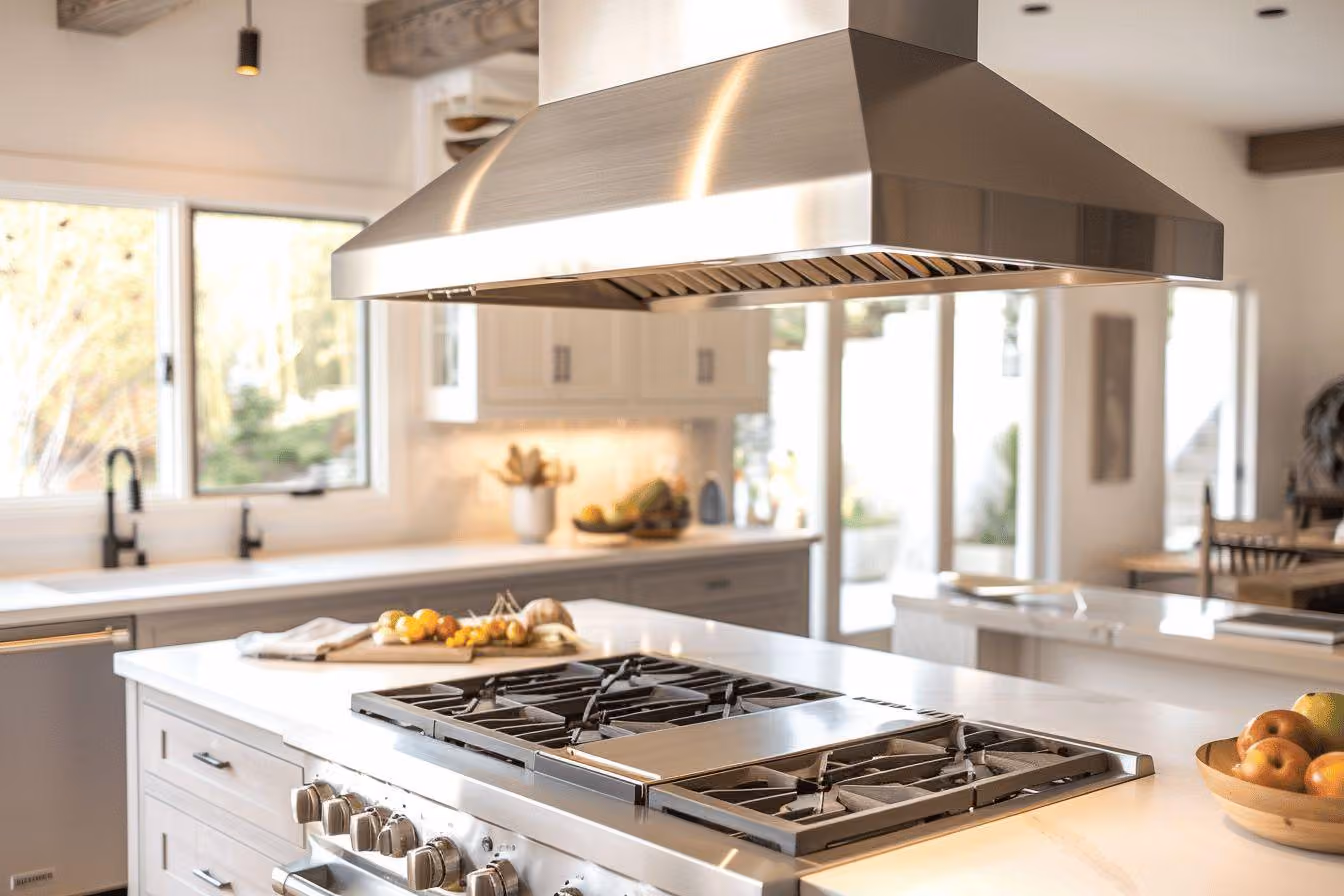Grande hotte métallique au-dessus d’une plaque de cuisson sur îlot