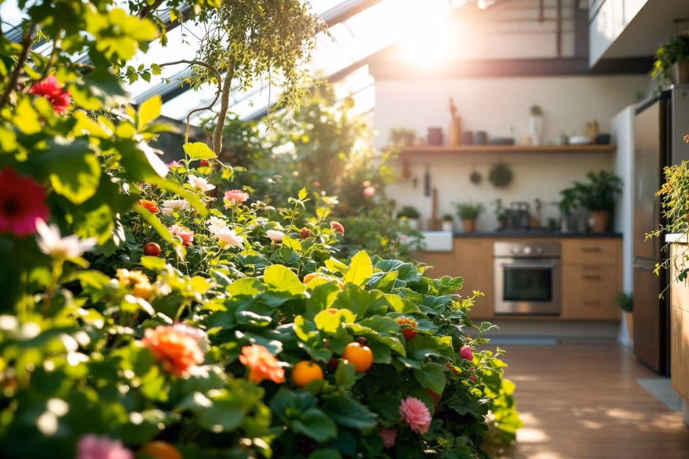 Plantes au premier plan devant une cuisine ouverte et lumineuse