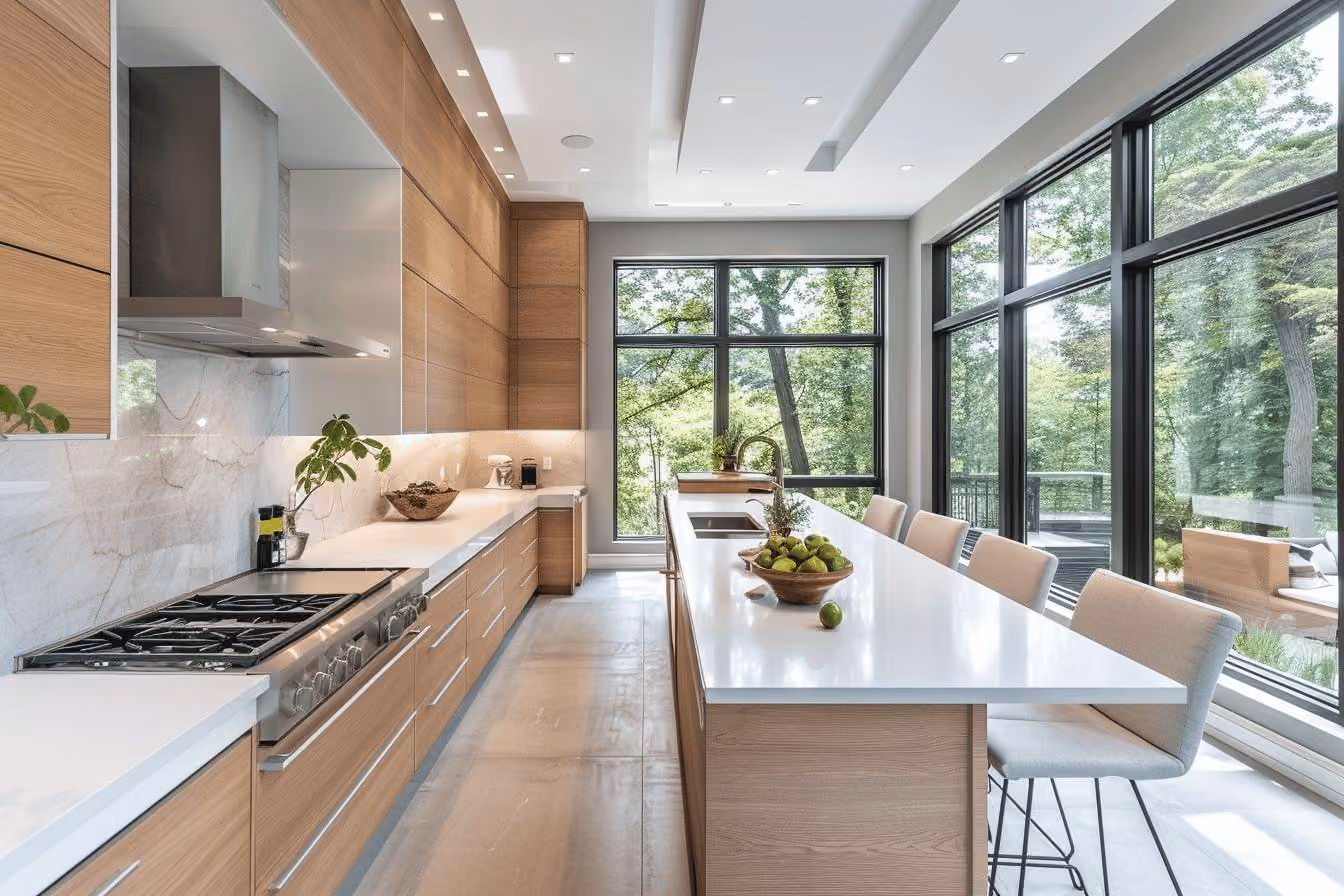Cuisine allongée avec façades aspect bois, îlot clair et grandes fenêtres
