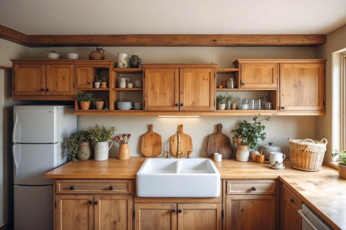 Cuisine rustique aspect bois avec étagères ouvertes et grand évier blanc