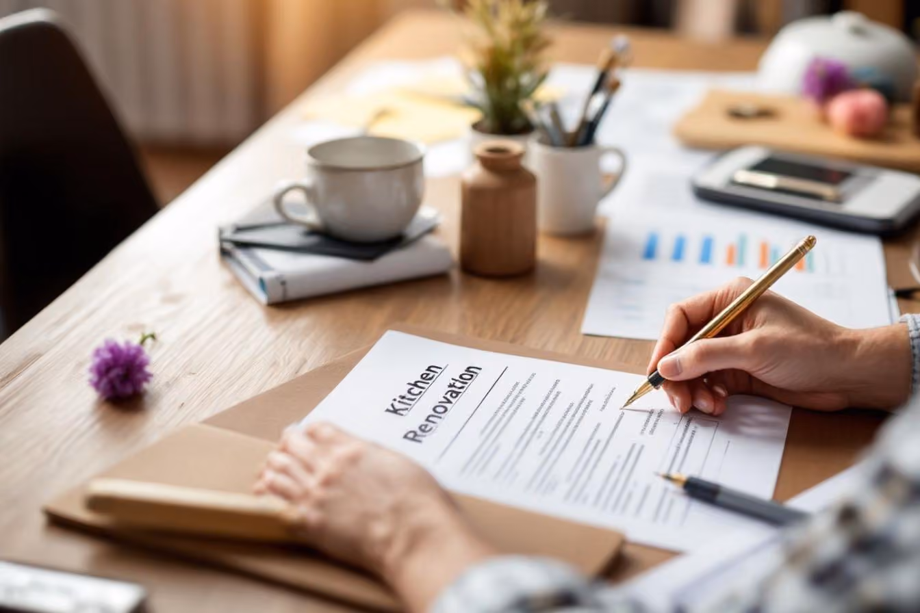 Mains remplissant un document sur une table avec un carnet et une tasse