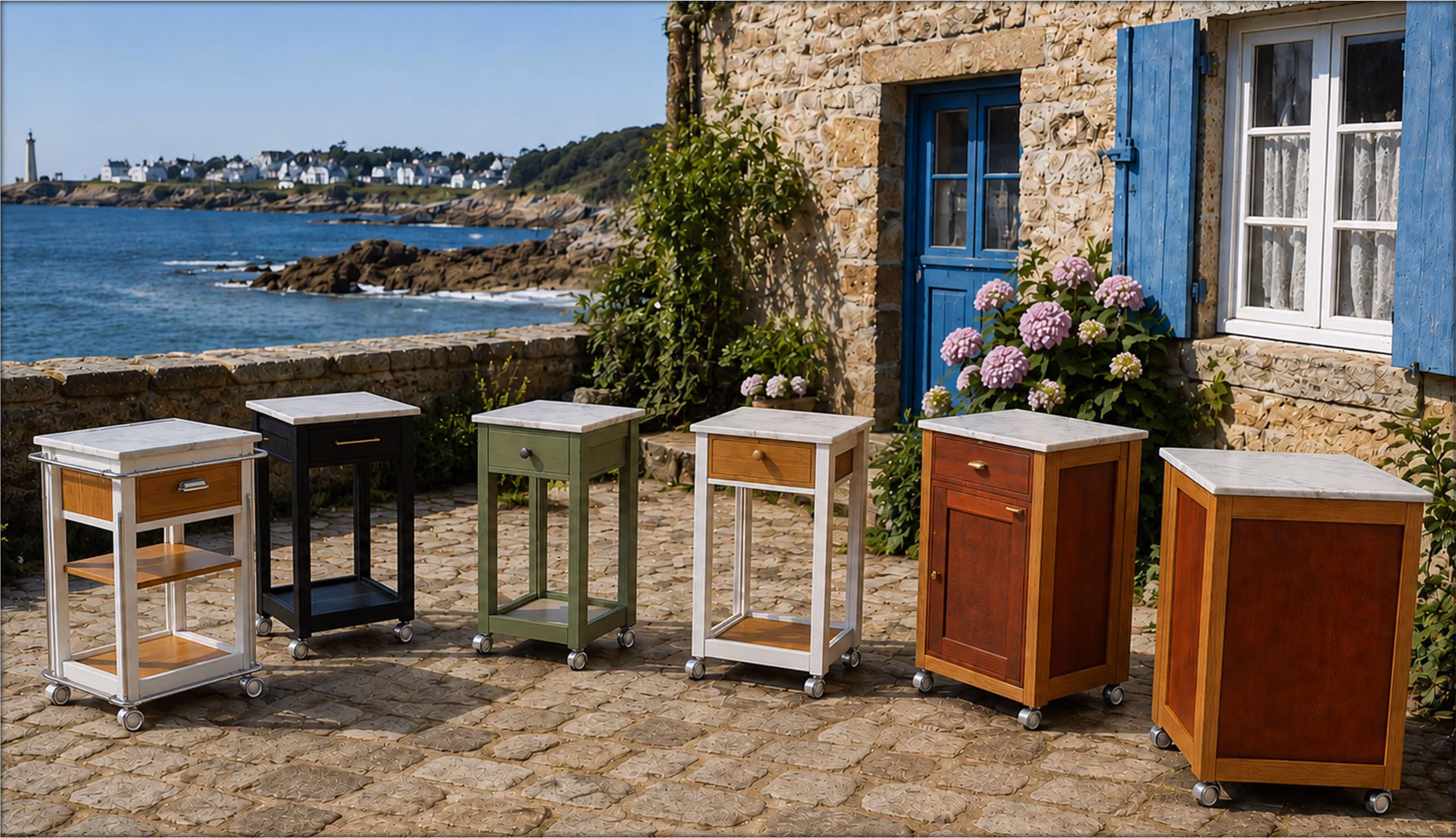 Six billots de cuisine sur roulettes dessinés par Régis Le Corre, en bois et en laqué
