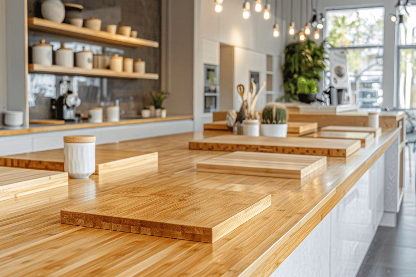 Plan de travail aspect bois avec planches à découper et étagères ouvertes