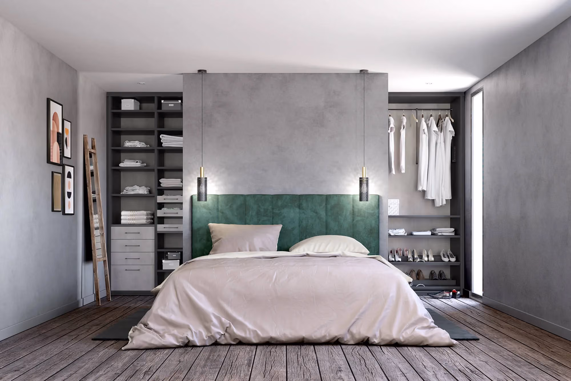 Chambre avec tête de lit verte devant une cloison et rangements ouverts visibles de chaque côté