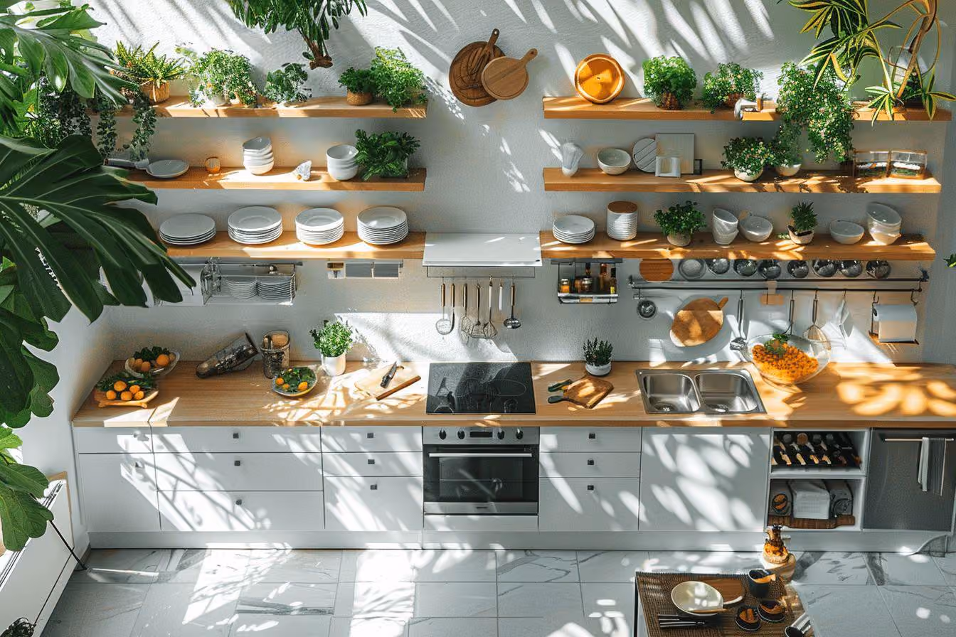Cuisine blanche avec étagères ouvertes, plantes et ustensiles suspendus