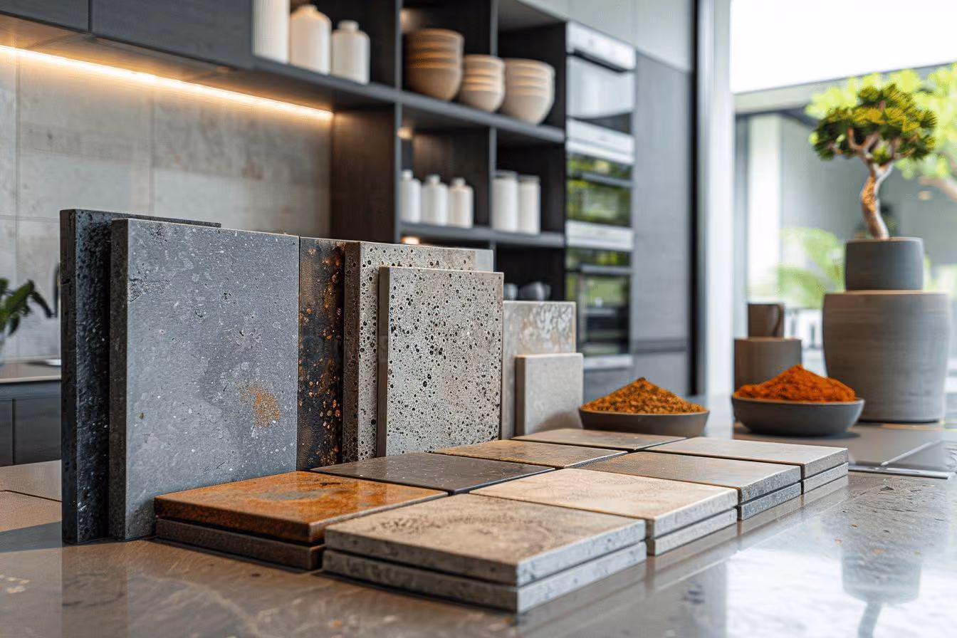 Échantillons de surfaces et de carreaux présentés sur un plan de cuisine